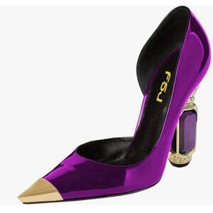 FSJ Purple Bridal Pointed Toe Chunky High Heel Crystal Pump Slip on Wedding Shoe